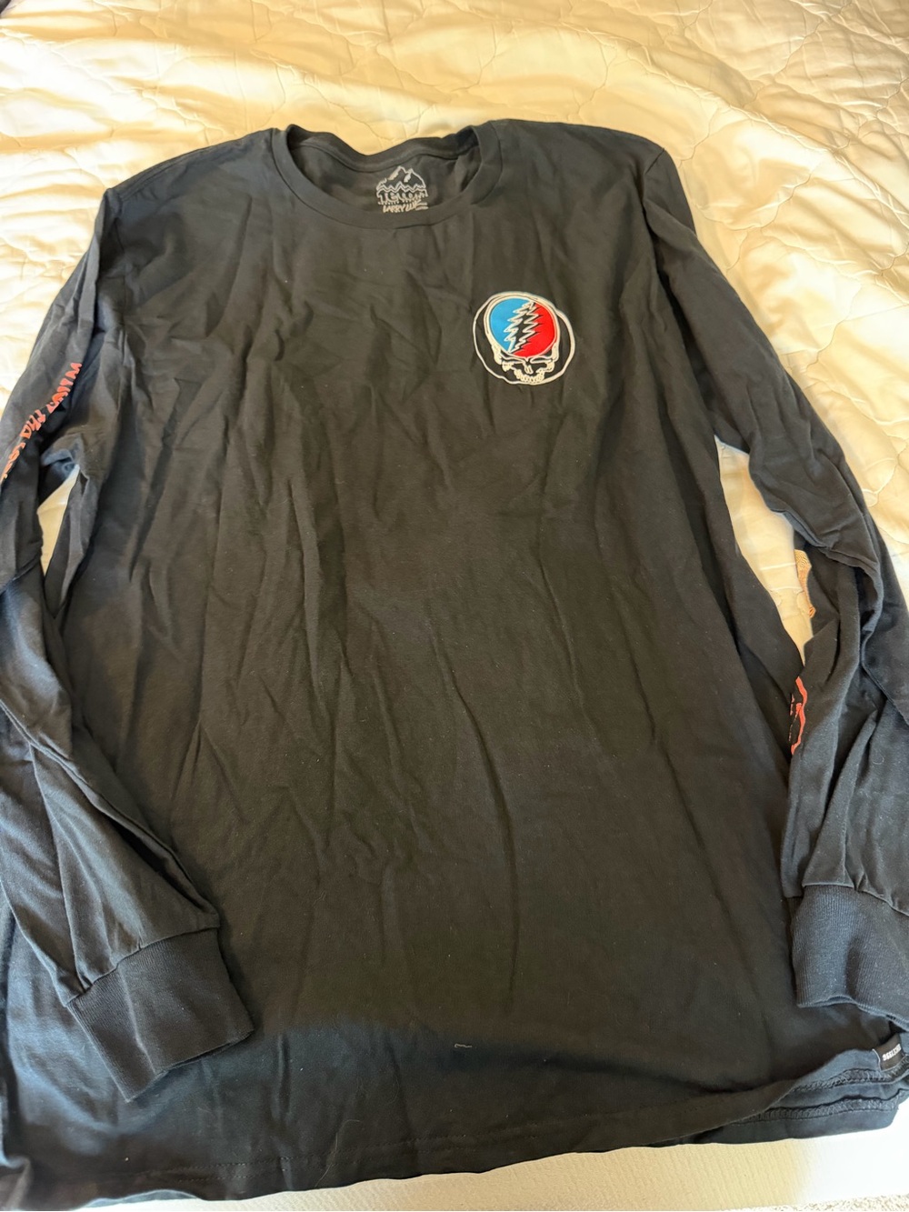 Black Long-Sleeve Graphic Tee with Red & Blue Grateful Dead stealie